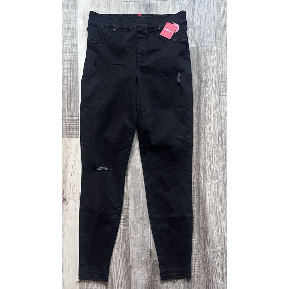 NWT Spanx Large Vintage Distressed Ankle Skinny Jeans Raw Hem Black 20213R